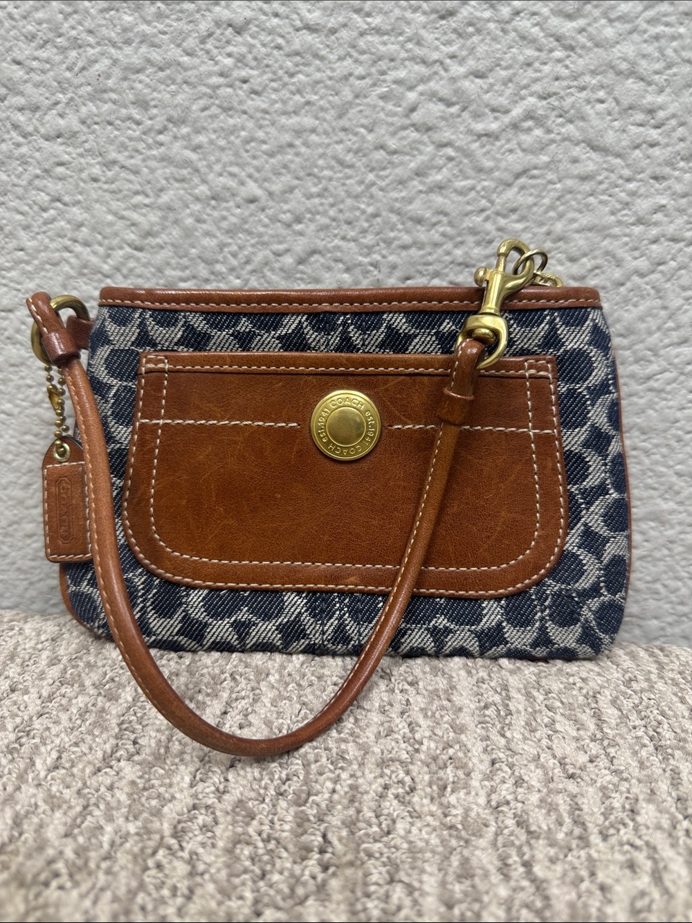 Vintage Coach Signature Blue Bleeker Tattersall and Brown Leather Wristlet